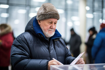 Senior man in warm clothes putting a ballot into a voting box during elections - obrazy, fototapety, plakaty