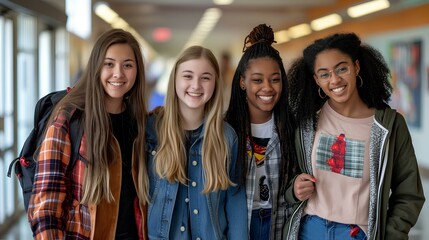 four happy diverse female high school students, wearing preppy clothes, walking in the school corridor. generative AI