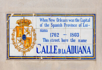 historic street name tiles for Calle de la Aduana in French quarter in New Orleans