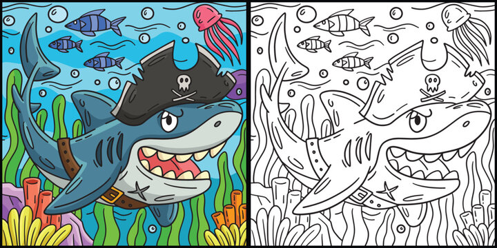 Pirate Shark Coloring Page Colored Illustration
