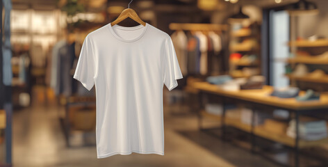 A T shirt tee hanging from a hanger in a trendy store or fashion clothes shop mock up