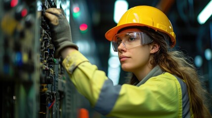 Female commercial electrician at work on a fuse box in factory, adorned in safety gear - obrazy, fototapety, plakaty
