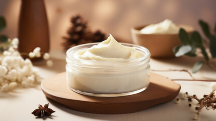 Fototapeta na wymiar Concept of skin care cosmetics. Cream with extract of Shea butter
