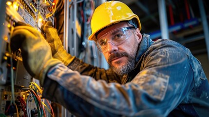 male commercial electrician with work on a fuse box in factory, adorned in safety gear