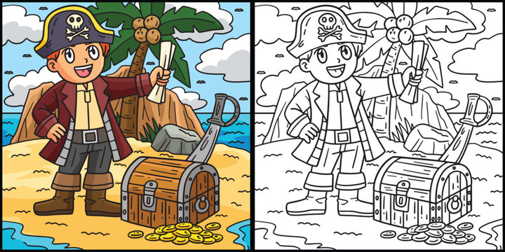 Pirate and Treasure Chest Coloring Illustration