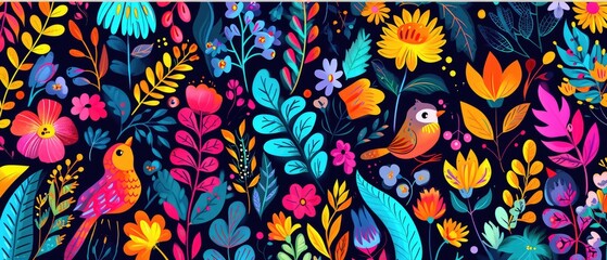 Spring hand drawn cartoon doodles illustration, leaves, birds, and spring symbols and decorative elements with colorful flower