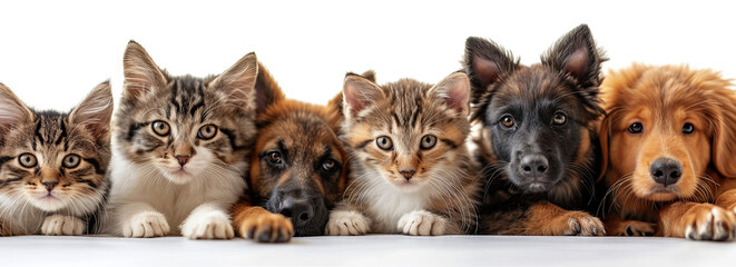 banner of group of cats and dogs on the white background, Advertising for a veterinary clinic or animal shelter 