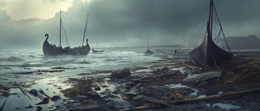The silent aftermath of a Viking incursion, with the remnants of Norse longships dotting the coastline