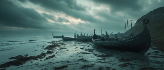 The silent aftermath of a Viking incursion, with the remnants of Norse longships dotting the coastline