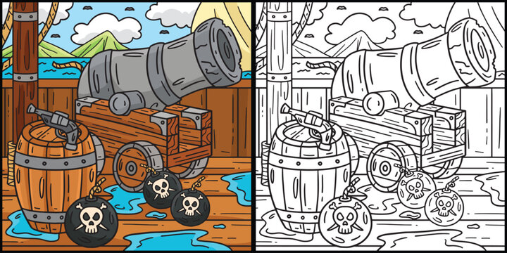 Pirate Cannon and Barrels Coloring Illustration