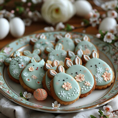 An assortment of beautifully frozen Easter cookies in the shape of bunnies