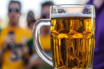 closeup of beer mug, blurred fans wearing team jerseys behind