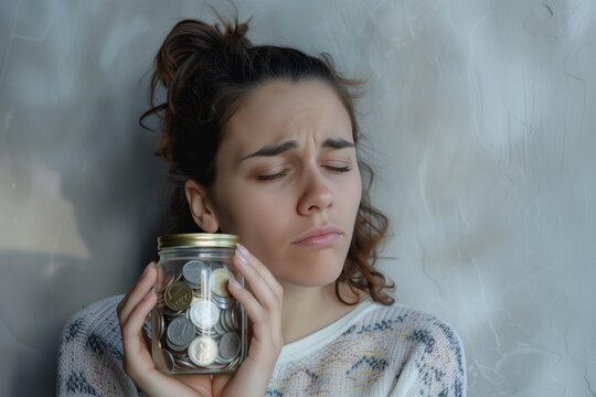 woman with forlorn expression holding a jar of coins