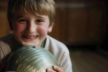 child smiling while holding a lightweight bowling ball - obrazy, fototapety, plakaty