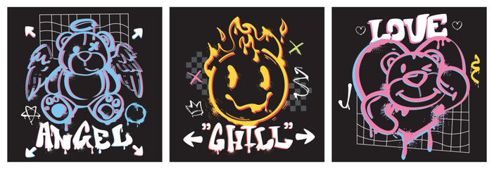 Posters with spray paint teddy bear and flaming emoji icon with typography slogan in graffiti style. Vector illustration design covers with ink characters, sticker for urban style shirts, street wear. © redgreystock