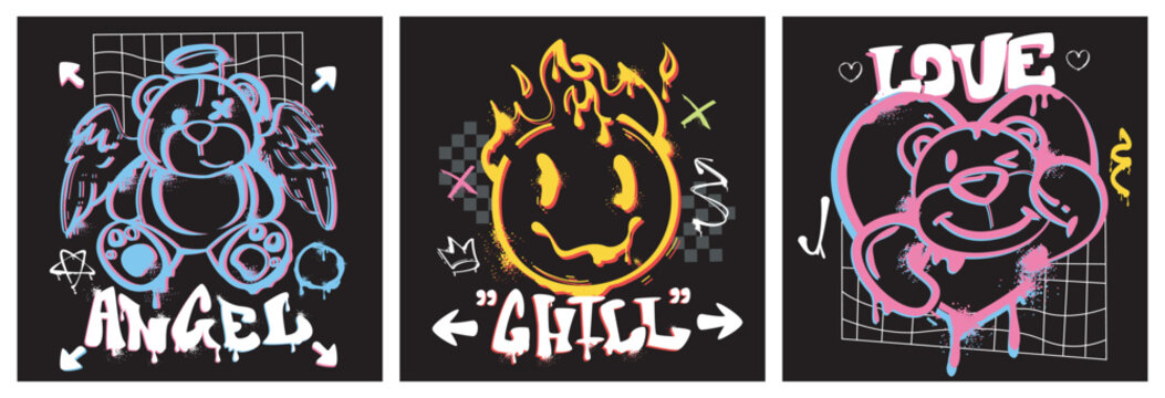 Posters with spray paint teddy bear and flaming emoji icon with typography slogan in graffiti style. Vector illustration design covers with ink characters, sticker for urban style shirts, street wear.