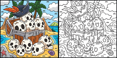 Pirate Chest with Skulls Coloring Illustration