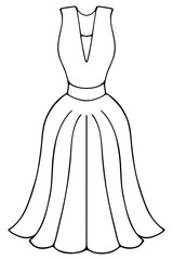Evening dress on two shoulders, with a deep neckline. Floor-length sundress, with a full skirt, sleeveless. Sketch. Women's clothing with a narrow waist, closed back and pleats at the hem. 