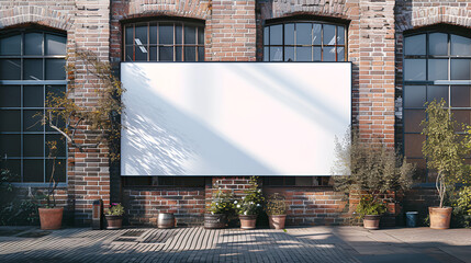 Mockup. Blank white rectangular signboard on brick wall, generative ai  - obrazy, fototapety, plakaty