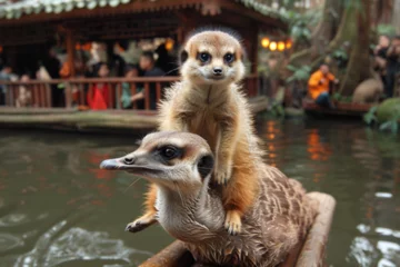 Zelfklevend Fotobehang realistic photo of a meerkat riding on the back of a flying ostrich © PetPawPix