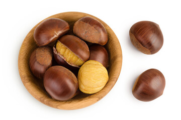 roasted peeled chestnut in wooden bowl isolated on white background wit full depth of field. Top view. Flat lay