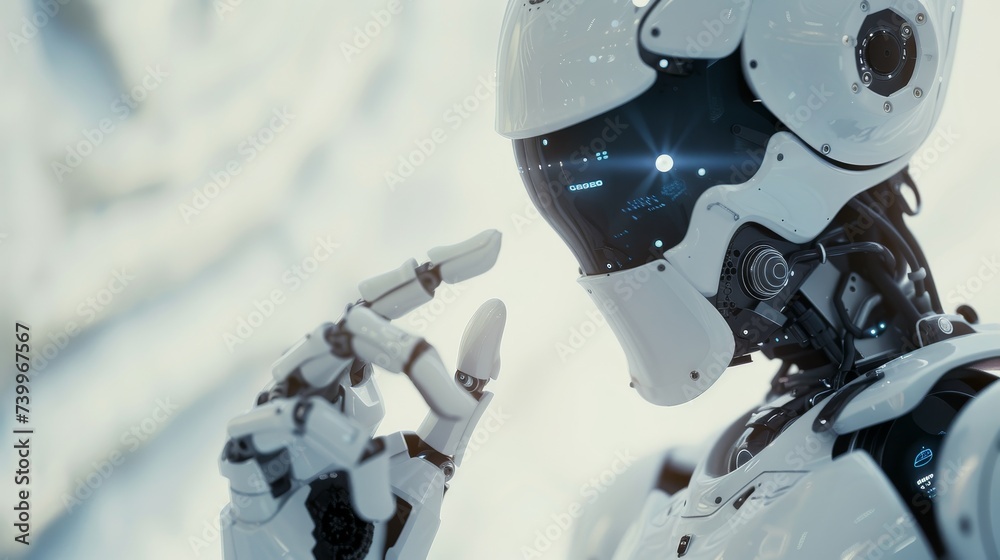 Aufkleber An artificial intelligence robot controls a digital screen with the help of a virtual HUD interface. The robot has a plastic face and presses a button.
