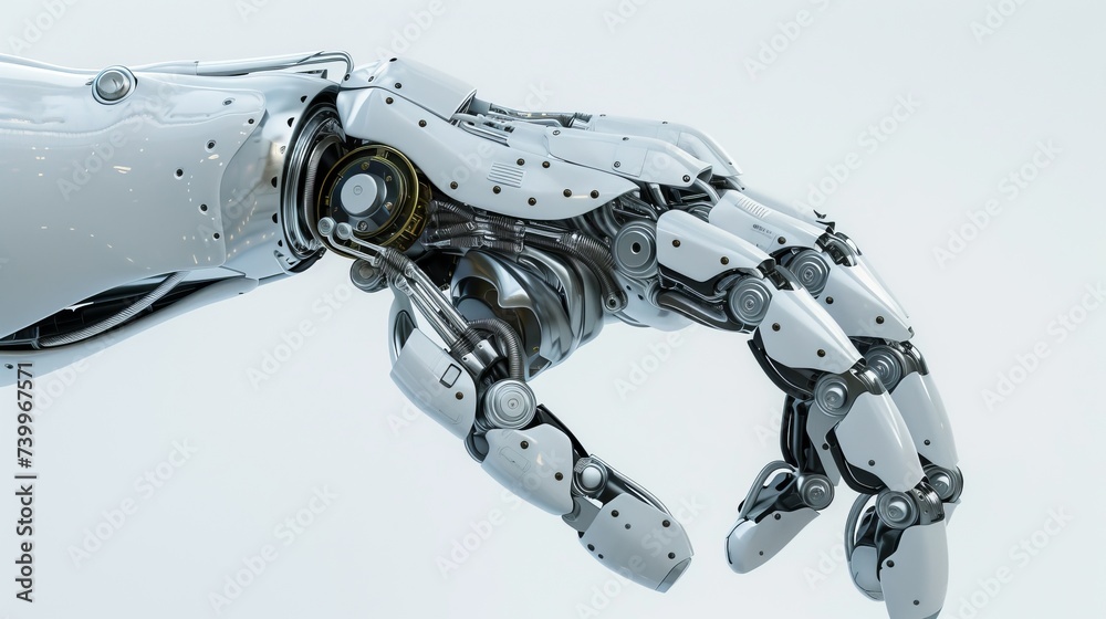Poster The robotic arm appears on a white background while a mechanical hand is used. Industrial robot manipulator. High tech industrial device.