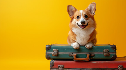 Cute Corgi is looking in the camera, dog sitting on two suitcases on yellow background, concept of traveling with animals