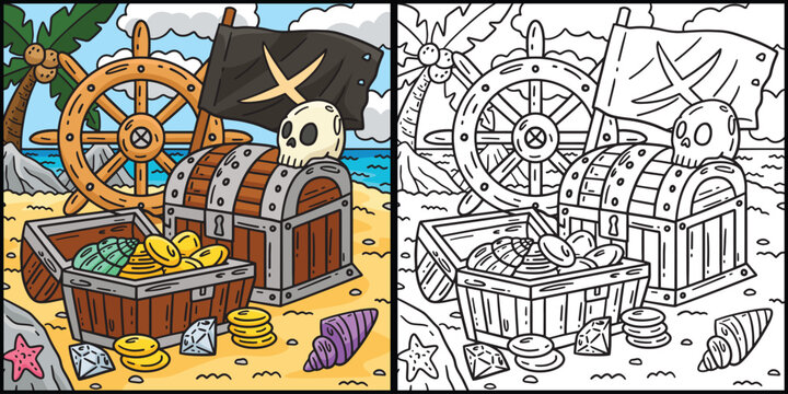 Pirate Chest with an X Flag Coloring Illustration