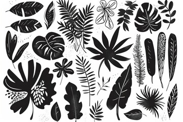 Various hand drawn shapes and doodle design elements. Exotic jungle leaves, flowers and plants. Abstract contemporary modern trendy  illustration.