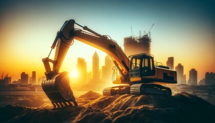 Construction Excavator on Building Site at Dawn