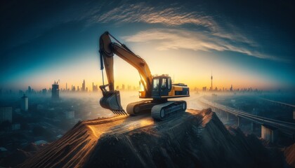 Construction Excavator on Building Site at Dawn - obrazy, fototapety, plakaty