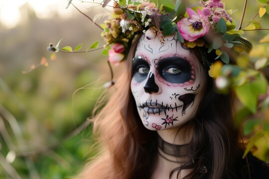 woman with skull makeup wearing a flower crown