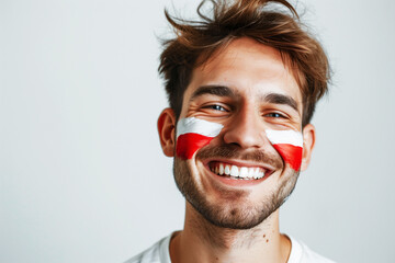 Photo of boy male fan with Polish flags painted on her cheeks - 739968142