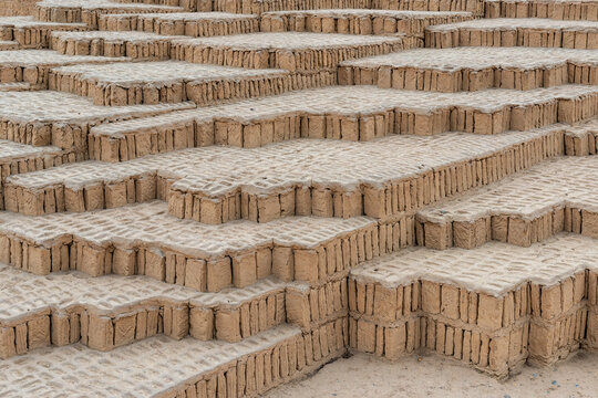Architecture details of the Huaca Pucllana adobe and clay step pyramid of the Lima culture, Miraflores district, Lima, Peru.