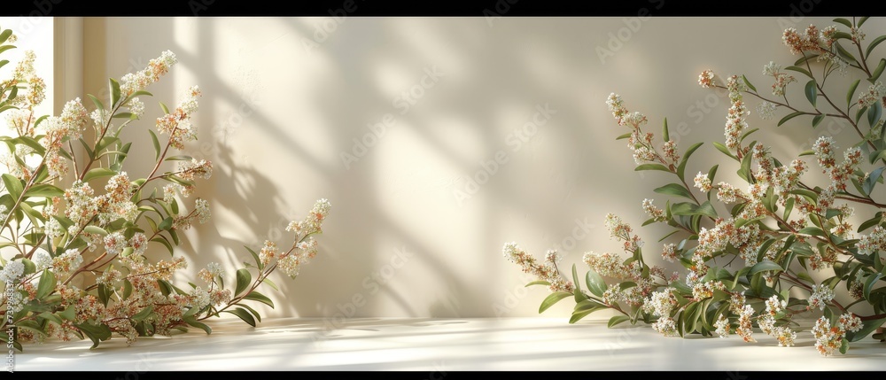 Poster An abstract beige background for a product presentation with light and intricate shadows from the window and plants.
