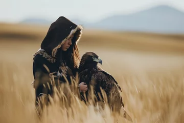 Foto op Plexiglas woman with hooded eagle ready to hunt in grassland © stickerside