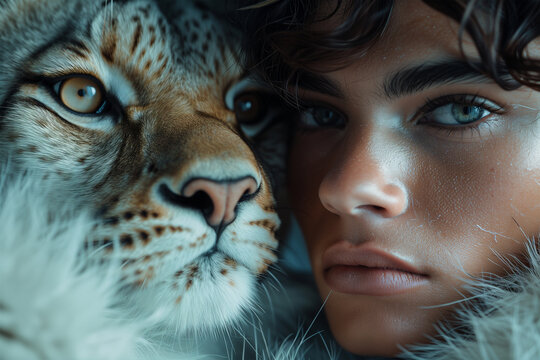 Intimate encounter between human and lynx gaze Generative AI image