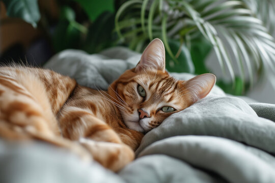 Relaxed Orange Tabby Cat Lying on a Grey Blanket Generative AI image