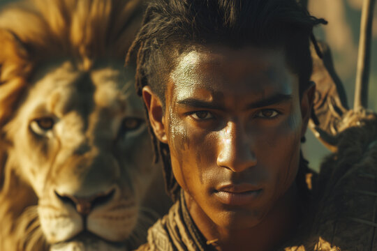 Intense gaze between young man and lion Generative AI image