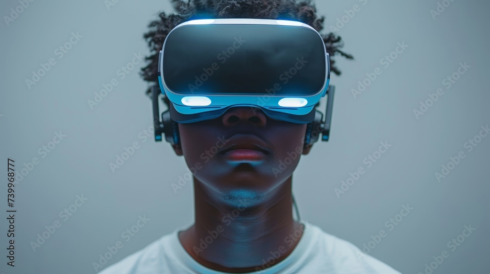 Aufkleber An image of a young man wearing a virtual reality headset on a gray background is isolated on a studio portrait. This image indicates the future, gadgets, technology, education online, studying, and