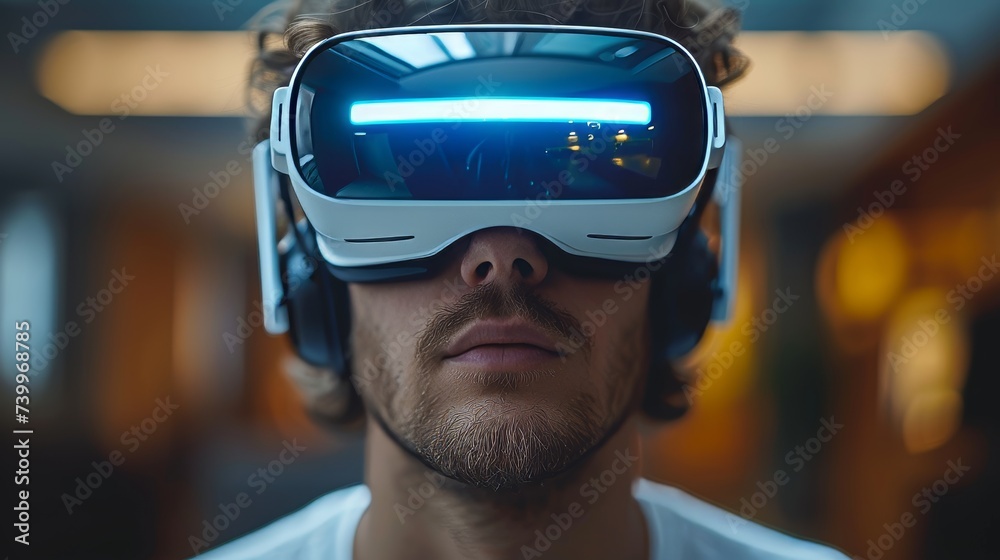 Poster an isolated young man using a virtual reality headset. conceptual image of vr, gadgets, technology, 
