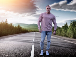 Man standing in the middle of empty road