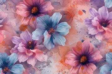 Fototapeten A seamless pattern of pink, blue, and orange flowers. Background of pink flowers with watercolor textures. © Zaleman