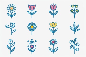  illustration of flowers line icons, including roses, tulips, daisies, sunflowers, lotuses, chamomile, dandelion, chrysanthemum, and lilies. Editable strokes. - obrazy, fototapety, plakaty