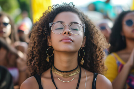 Serene young woman with eyes closed in a crowd Generative AI image