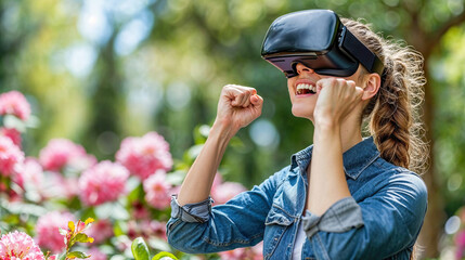 Outdoor virtual reality experience in a floral park Generative AI image