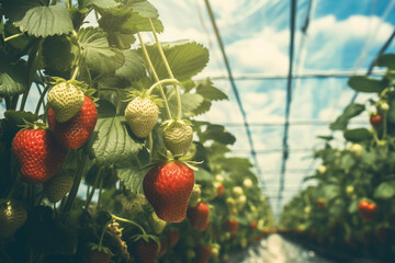 Fresh strawberries ready for harvest growing on strawberry farm in greenhouse