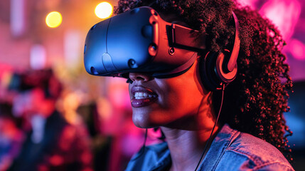 Woman experiencing virtual reality with vivid lights Generative AI image