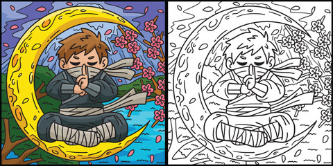 Ninja and Crescent Moon Coloring Page Illustration
